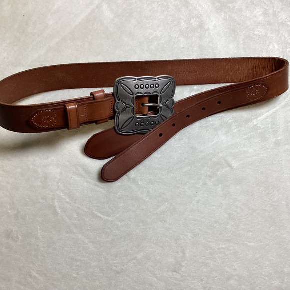 Vintage Brown Leather Belt Women's Solid Large Buckle, Double Layer Harness Belt - Picture 5 of 8